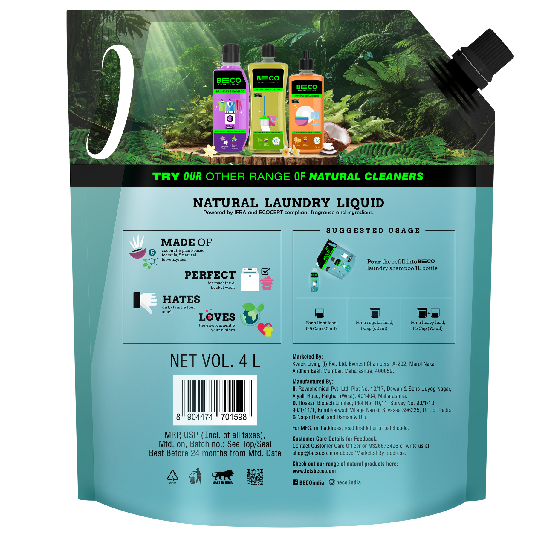 Beco Laundry Cleaner Liquid Shampoo Top Load 4 Ltr Refill